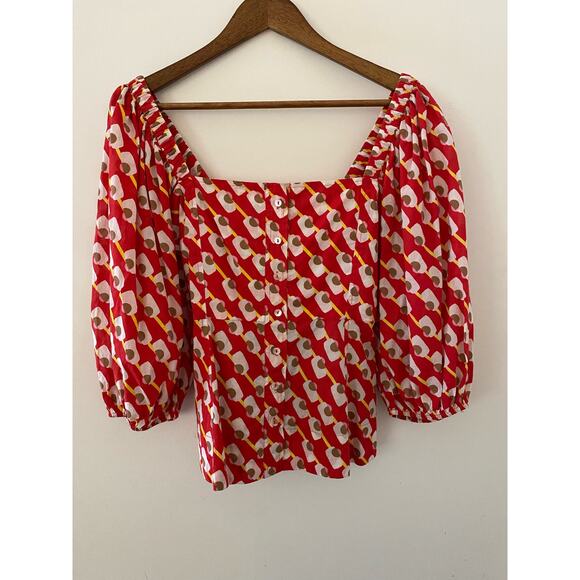 Ro’s Garden Tuckernuck Red White Yellow Square Neck Puff Sleeve Top Button S EUC - Picture 1 of 11